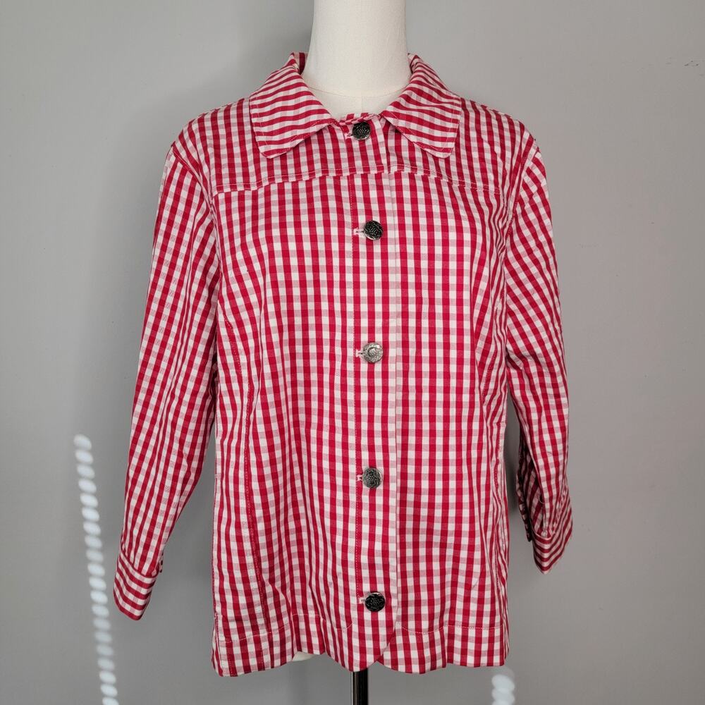 CJ Banks Red Gingham Check Button Top 3/4 Sleeve Sz X Country Cottage Office